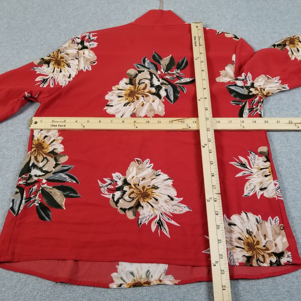 SHEIN Blouse Women M Medium Red Floral Tie Neck Long Sleeve Romantic Cottage Top - Picture 9 of 10